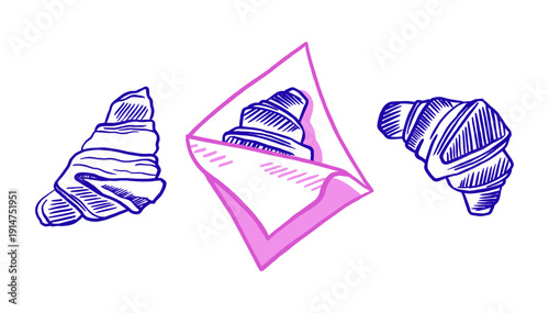 A set of outline illustrations of baked goods in bright colors. Puff pastry croissants, a croissant in a paper wrapper