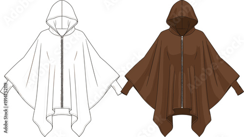 Technical fashion flat sketch of a women’s hooded poncho featuring a front zipper, draped silhouette, long sleeves, and asymmetric hemline.