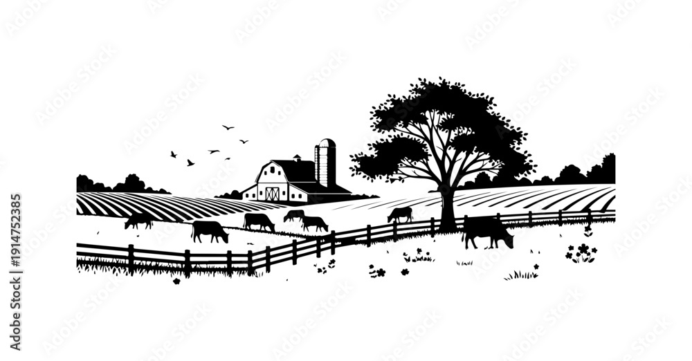 Fototapeta premium Rustic Farm Scene with Cows and Barn