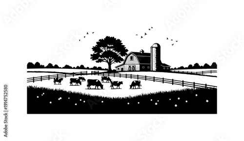 Rustic Farm Scene with Cows and Barn Silhouette