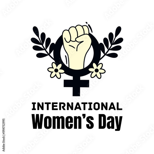 Celebrate International Women's Day with this powerful graphic featuring a raised fist within the Venus symbol, framed by laurel branches and flowers. A bold tribute to female strength.