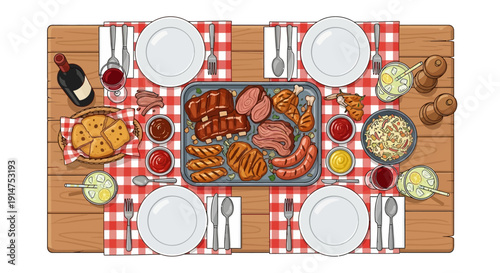 A festive outdoor dining table set with a barbecue feast.