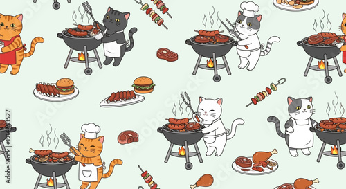 Whimsical cartoon cats cooking on barbecues with chef hats.