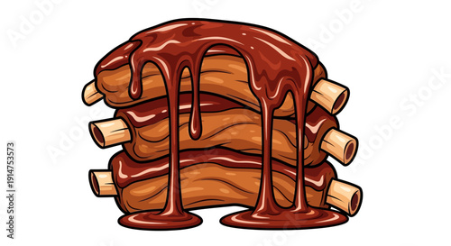 Stack of pancakes with chocolate sauce and sausages.