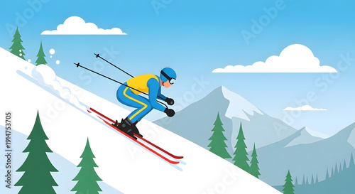 Flat Vector Illustration of Skier Skiing Down Snowy Mountain in Winter Landscape