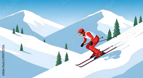 Flat Vector Illustration of Skier Skiing Down Snowy Mountain in Winter Landscape