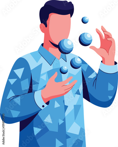 A man juggling blue balls on transparent background