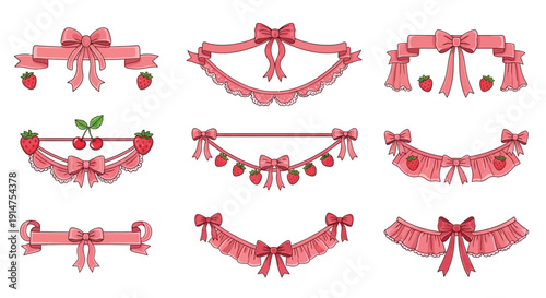 Collection of red ribbon bows and strawberry decorative elements