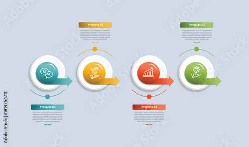 4 points infographic with glossy gradient style with circle with arrow on right direction with up and down content with four segment information
