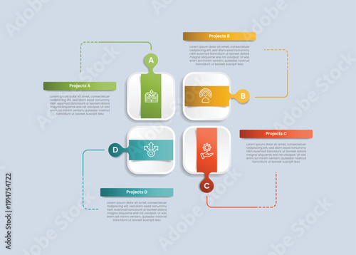 Canvastavla 4 points infographic with glossy gradient style with round square box with liqui