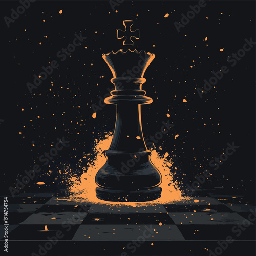 Dramatic black king chess piece under attack with exploding particles on chessboard concept of defeat strategy risk and leadership failure , vector style simple color