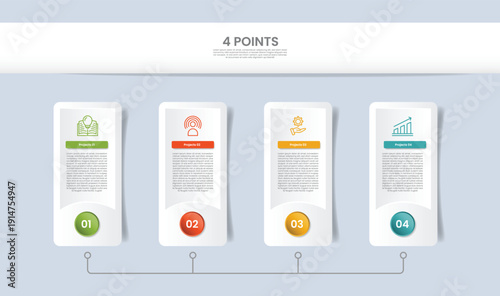 4 points infographic with glossy gradient style with vertical round rectangle standing with line connection with four segment information