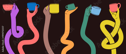 Creative vector of colorful elongated wavy arms holding coffee cups against a dark background. Ideal for café branding, beverage campaigns, poster design, social media graphics, editorial layouts