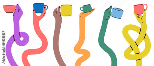 Creative vector of colorful elongated wavy arms holding coffee cups against a dark background. Ideal for café branding, beverage campaigns, poster design, social media graphics, editorial layouts