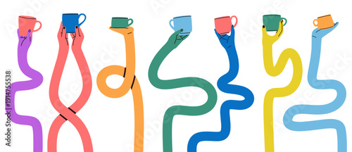 Creative vector of colorful elongated wavy arms holding coffee cups against a dark background. Ideal for café branding, beverage campaigns, poster design, social media graphics, editorial layouts