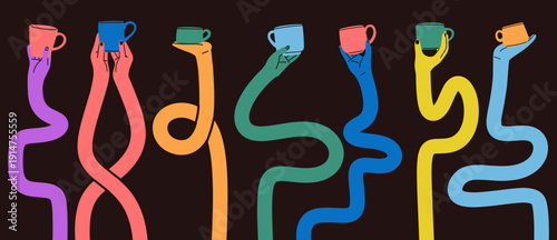 Creative vector of colorful elongated wavy arms holding coffee cups against a dark background. Ideal for café branding, beverage campaigns, poster design, social media graphics, editorial layouts