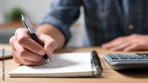 A man writes in a notebook with a pen while using a calculator on a table.