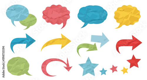 Colorful speech bubbles arrows and stars on a white background
