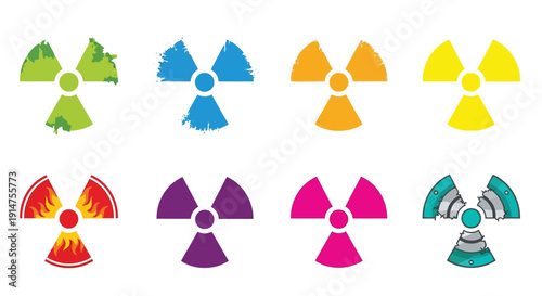 Colorful collection of various radiation warning symbols and designs
