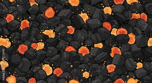Coal or charcoal texture with glowing embers and sparks.