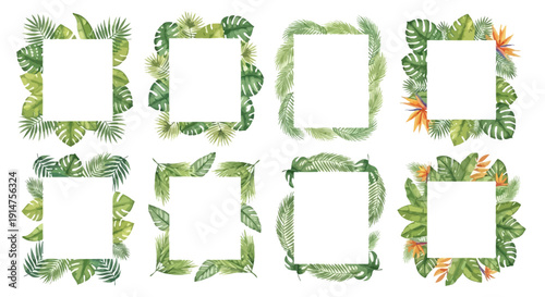 Watercolor tropical leaves forming square frames botanical illustration set