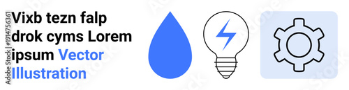 Blue water drop, lit electric bulb, and outlined gear icon symbolize energy, innovation, technology, and process optimization. Ideal for sustainability, energy solutions, technology innovation