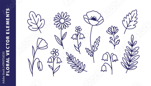 A curated collection of elegant floral vector elements, perfect for design applications, illustrating a variety of flowers and foliage. 