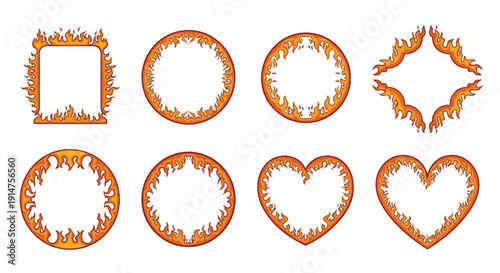 Various geometric shapes adorned with vibrant orange and yellow flames