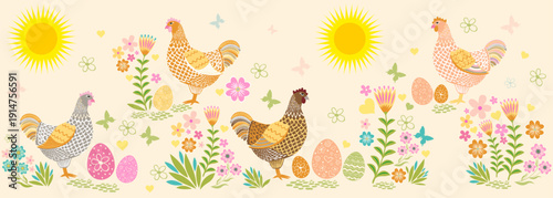 Seamless pattern with Easter chicken end eggs.  holidays background. Good for textile fabric design, wrapping paper, website wallpapers, textile, wallpaper and apparel. Vector 