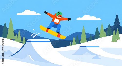 Flat Vector Illustration of Snowboarder Jumping on Snow in Winter Landscape