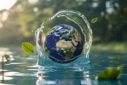 Earth globe surrounded by water splash and leaves in nature