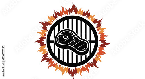 Grilled Steak on a Barbecue Grill with Flames.