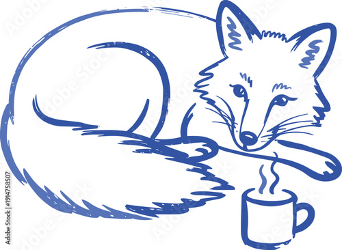 Blue sketch of a sleeping fox curled up with a warm cup of coffee, cozy animal art