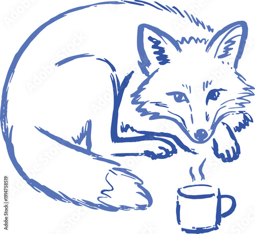 Blue sketch of a sleeping fox curled up with a warm cup of coffee, cozy animal art
