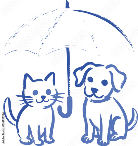 Cat and dog under umbrella sketch vector art, pets with shelter from rain illustration