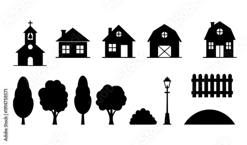 Black silhouette church and village elements set with houses trees and fence vector icons isolated on white