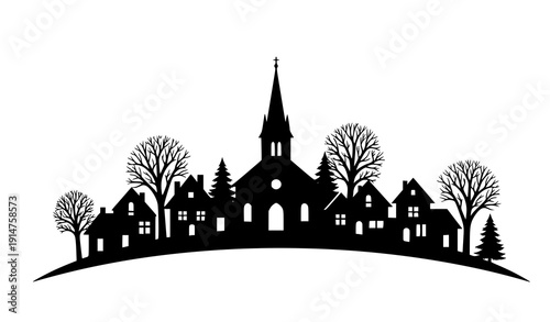 Black silhouette winter village with church spire houses and trees on hill vector isolated on white