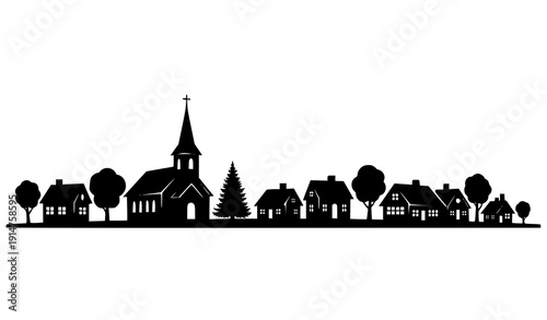 Black silhouette village skyline with church steeple houses and trees vector isolated on white background