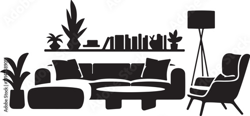 Black and white living room with furniture and plants