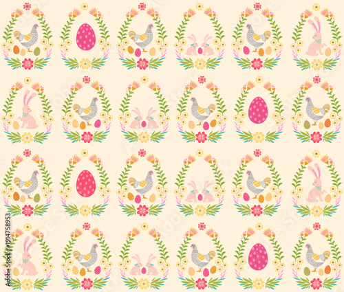 Easter Seamless pattern with hand drawn eggs, rabbit, flowers. Perfect for textile, wallpaper or print design,  greetings card, flyers, invitation, wrapping paper, website wallpapers, textile. Vector