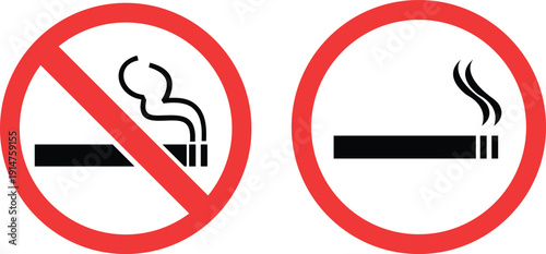 No smoking sign icon set collection group with cigarette symbol, prohibition warning label, stop tobacco notice, red circle ban mark, public health regulation and indoor air safety message.
