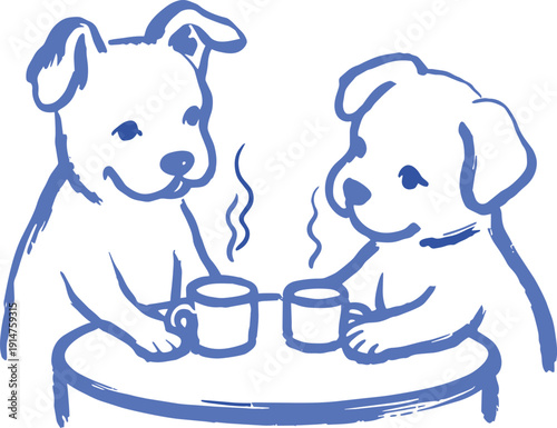Two cute little dogs enjoying hot beverages on cold winter day vector illustration