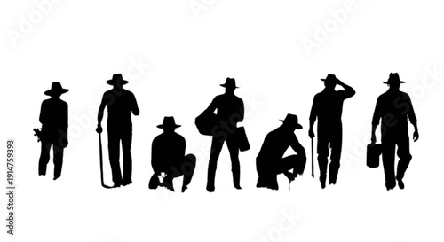 Silhouettes of various people standing in a row wearing different hats