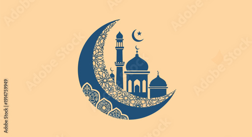 Islamic Ramadan Greeting: Stylized Mosque Silhouette on Decorative Crescent Moon with Mandala Pattern Background