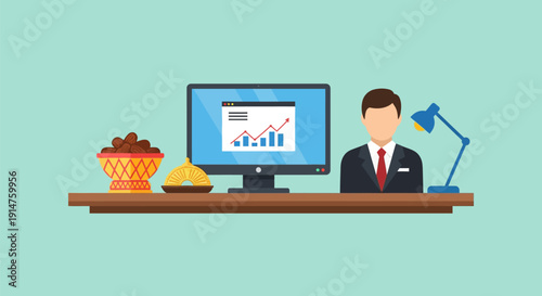 Islamic Business Executive Working on Financial Data Analysis, Featuring Dates and Traditional Arabic Desk Decor in Flat Vector Style