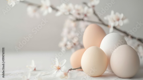 Elegant easter composition with pastel eggs and blossoming branches for spring celebration. Horizontal banner. Copy space. Free space for text