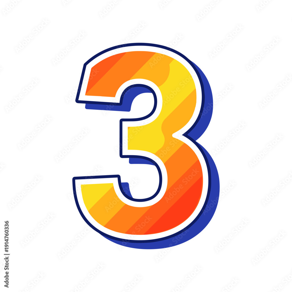 Fototapeta premium Vibrant number 3 with orange gradient and blue shadow on white background.