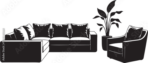 Black and white sectional sofa with armchair and plant