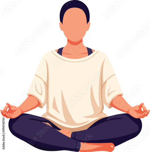 A woman meditating in lotus position on transparent background