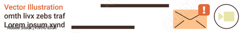 Email communication, notification alerts, digital messages, video calls, online interaction, information technology. Envelope with alert symbol and video camera icon. Email communication